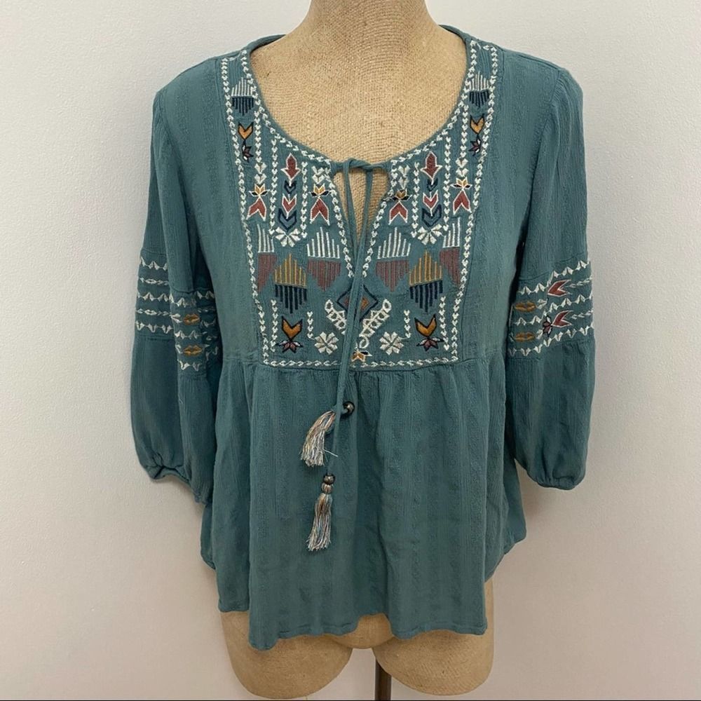 Knox Rose Teal Aztec Blouse With Front String
